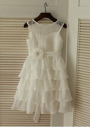 Ivory Lace Chiffon Cupcake Flower Girl Dress With Flower Sash